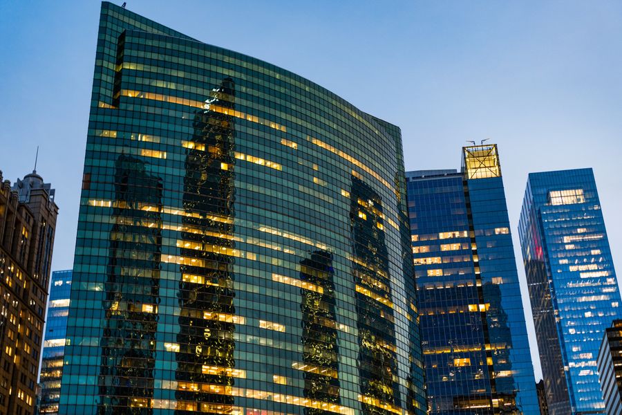 kyscraper cityscape. Night city of Chicago. Business city. Night cityscape of Chicago skyscraper building. Chicago architecture of skyscraper. City night illuminated building. Evening skyline